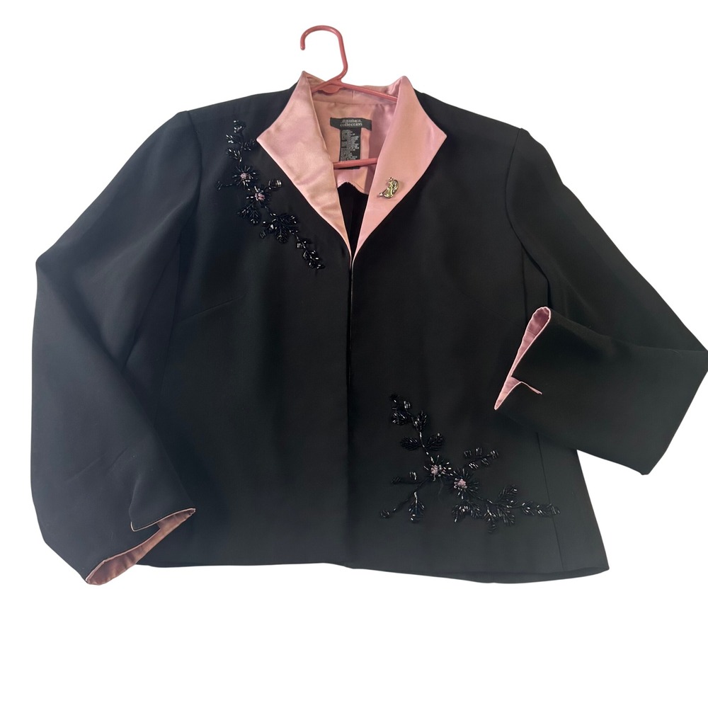 Dressbarn Collection Beaded Floral Blazer Black Pink Satin Trim Jacket Size 12